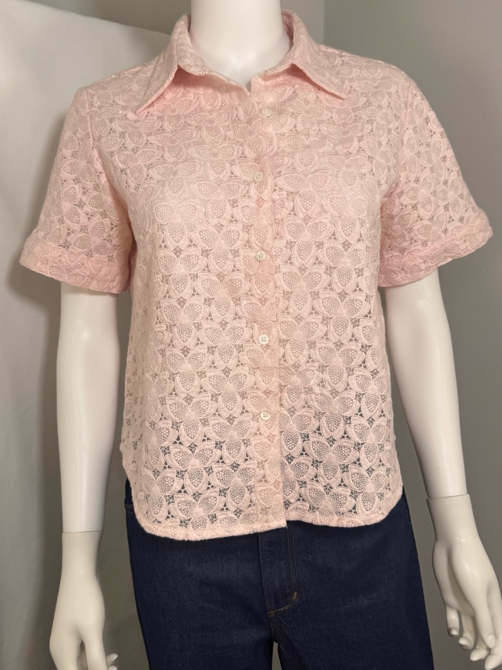 Rooey Knots Sheer Floral Lace Short Sleeve Button Down Blouse Pink Cotton M